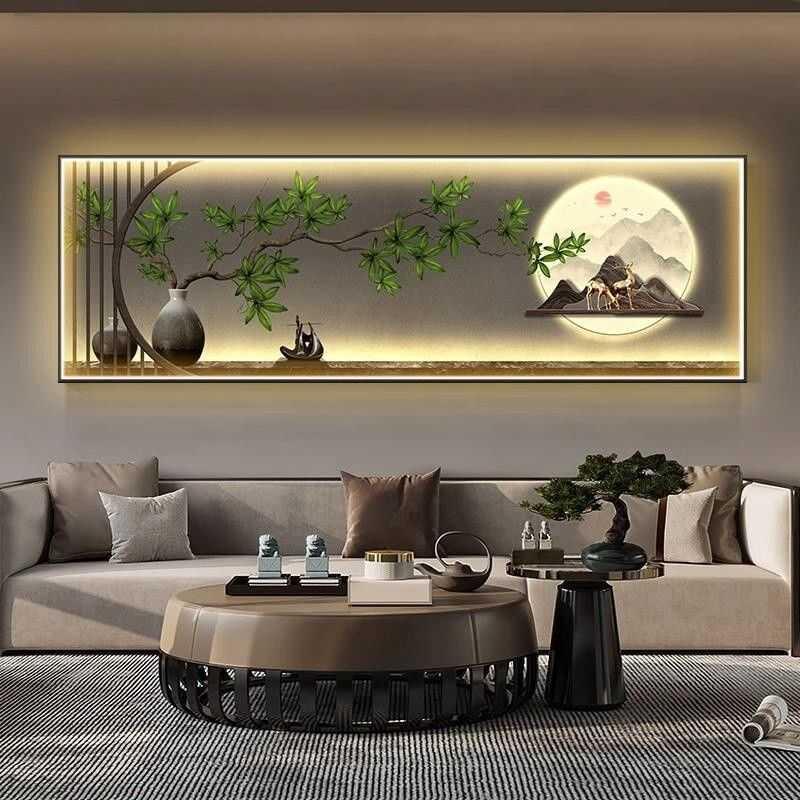 迎客松新中式带灯客厅装饰画办公室沙发背景墙挂画茶室山水灯壁画