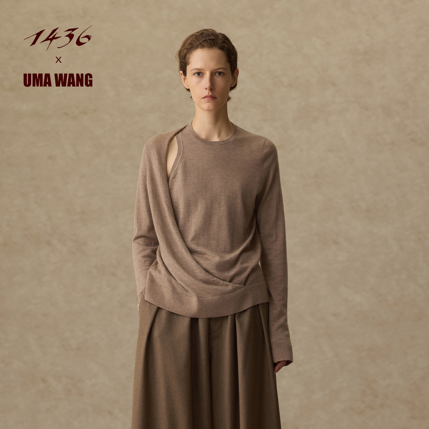 1436X UMA WANG联名系列2025秋冬精纺圆领解构设计感女士羊绒衫