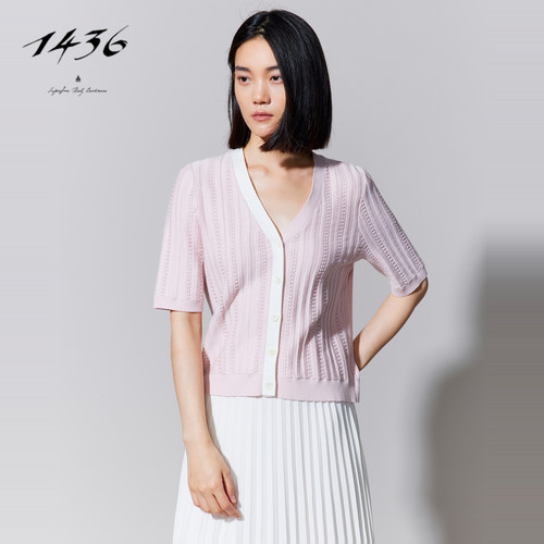 1436精纺V领空转翻花半袖优雅女开衫