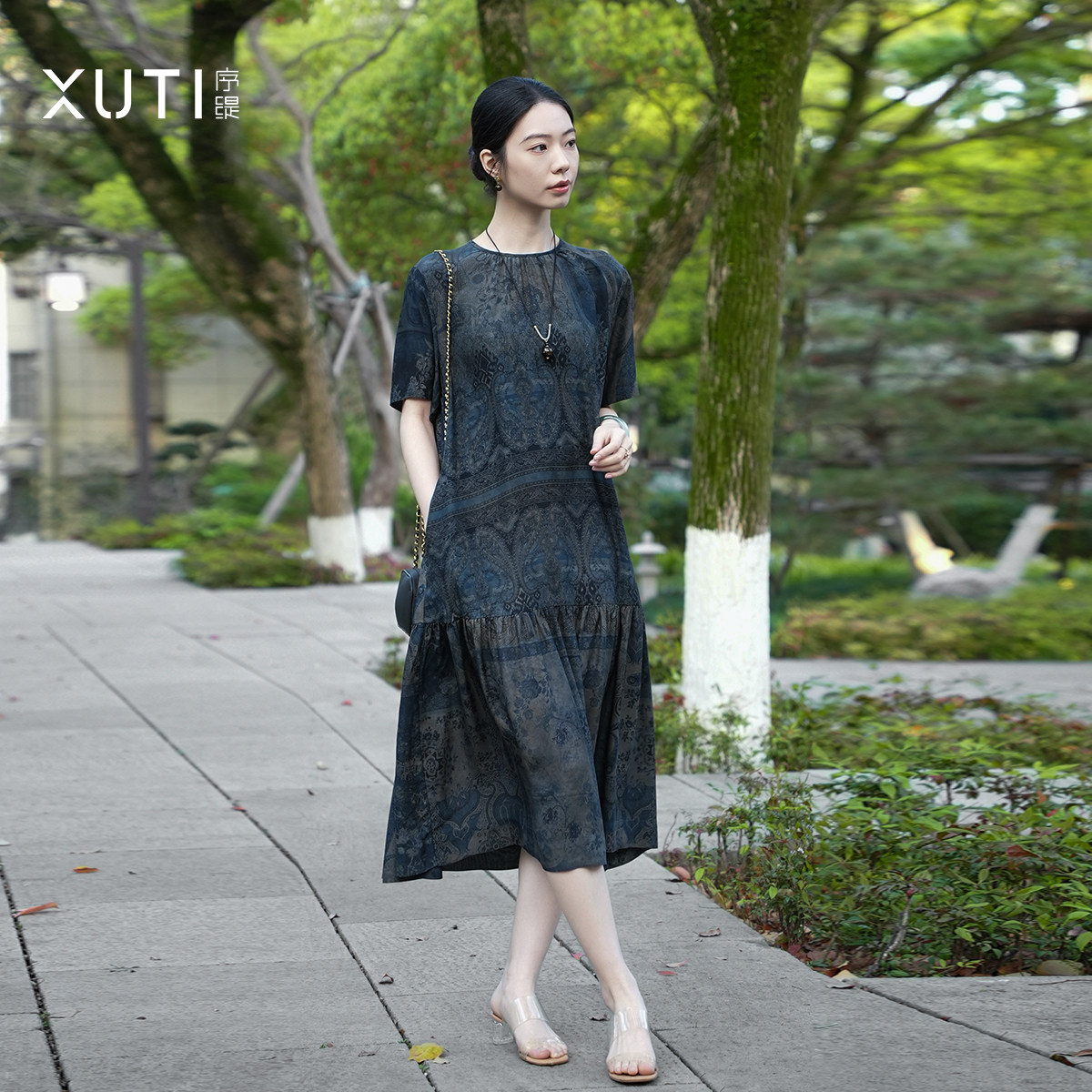 序缇质造100%桑蚕丝 新中式短袖连衣裙女2026春季新款H36