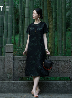 序缇质造『碧云深』夏季国风新中式桑蚕丝短袖连衣裙女H48-10880