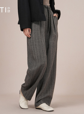 序缇质造100%美丽诺羊毛阔腿休闲裤女秋季新款宽松裤子H276-21005