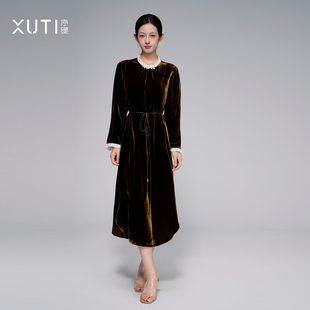 序缇质造新中式100%桑蚕丝早秋丝绒连衣裙女新款长裙子S15-21616