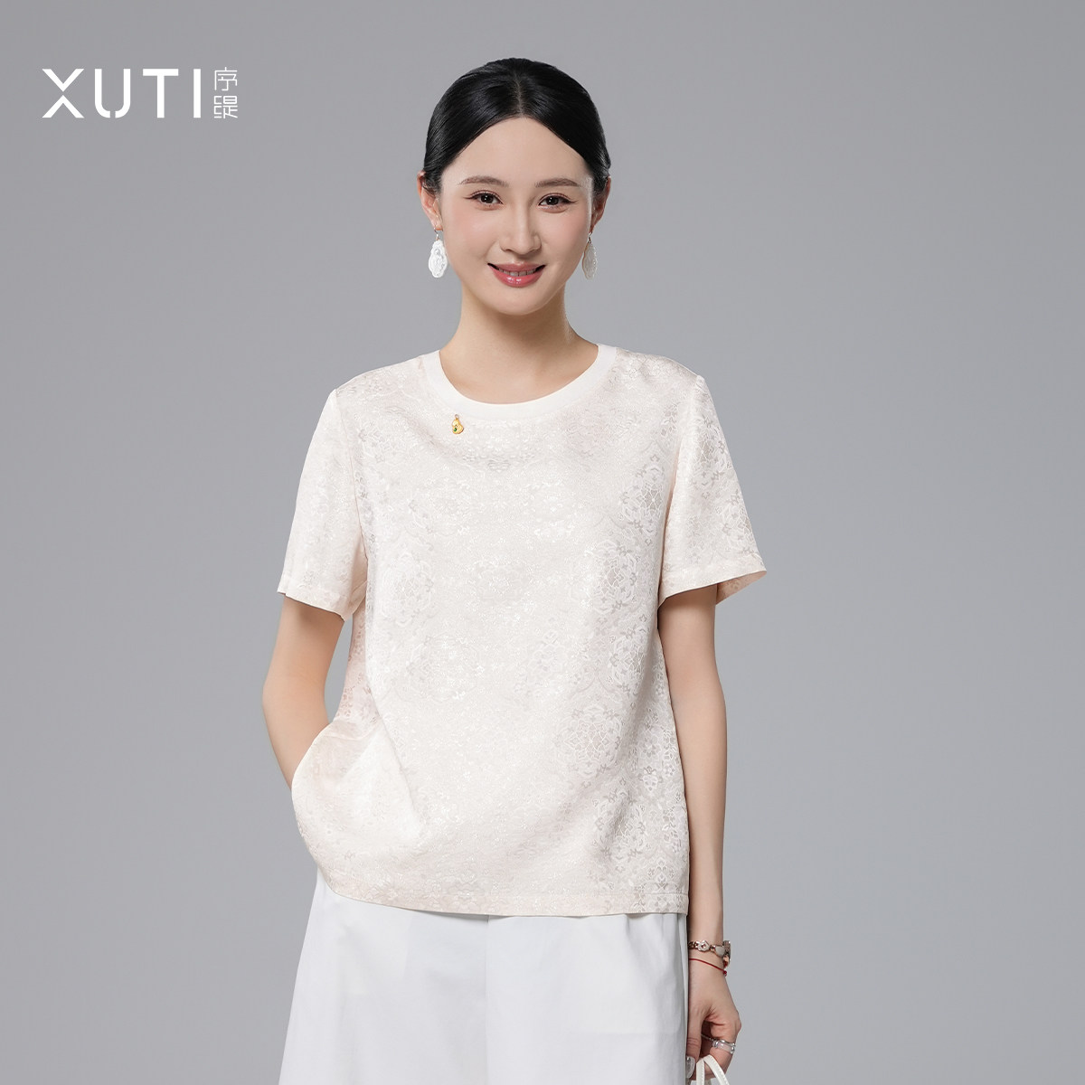 序缇质造新中式非遗正绢桑蚕丝短袖t恤上衣女春夏新款H260-29