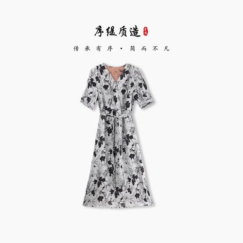 新中式100%桑蚕丝短袖连衣裙女夏