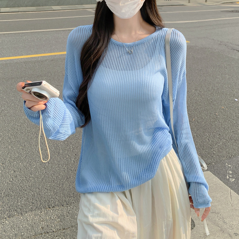 漂亮韩版蓝色显白气质长袖镂空防晒衫女春夏感轻薄外搭罩衫0501d