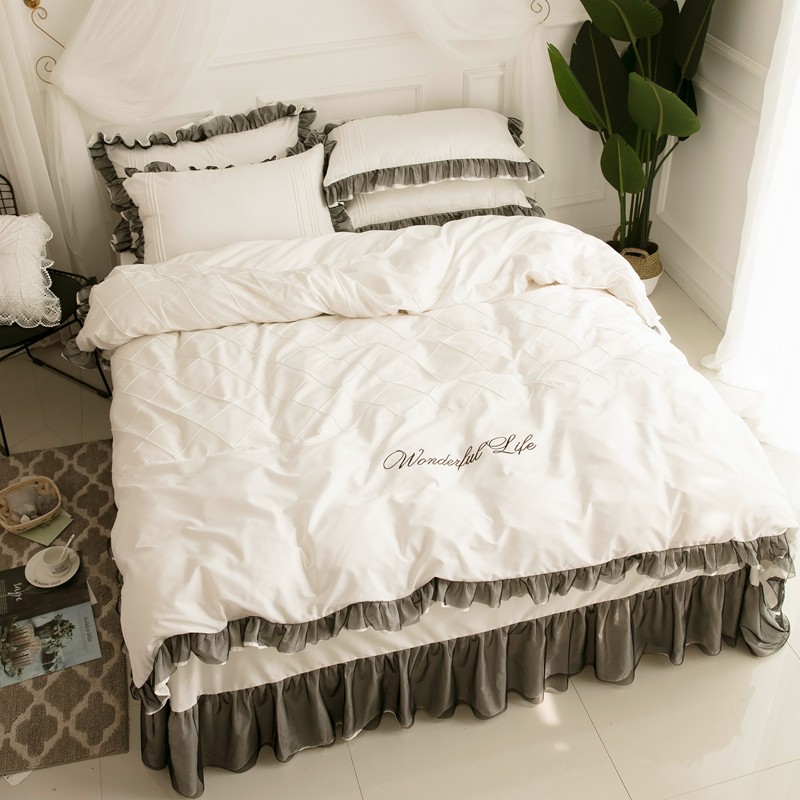 韩式白色床上四件套网q红床单全棉纯棉蕾丝花边公主风荷叶边少女