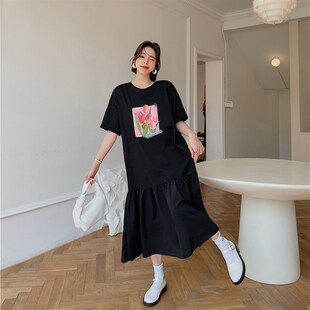 加大码胖mm连衣裙巨显瘦宽松遮肚子裙子夏天L短袖洋气2025年新款