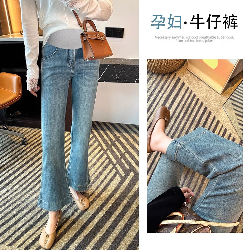 孕妇裤子夏季减龄弹力喇叭裤托腹九分裤小个子孕妇W裤女百搭打底