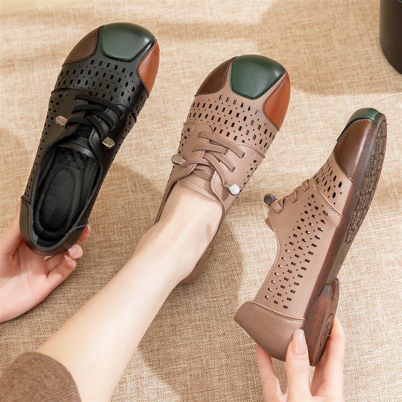 真皮软底妈妈f鞋凉鞋单鞋舒适皮鞋平底防滑洞洞鞋中老年人女鞋夏