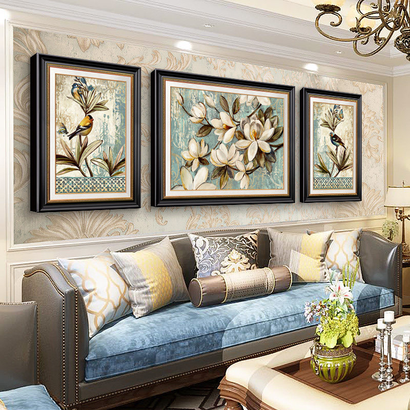 美式客厅装饰画简欧沙发背景墙挂画欧式大气三联油画卧室墙画壁画
