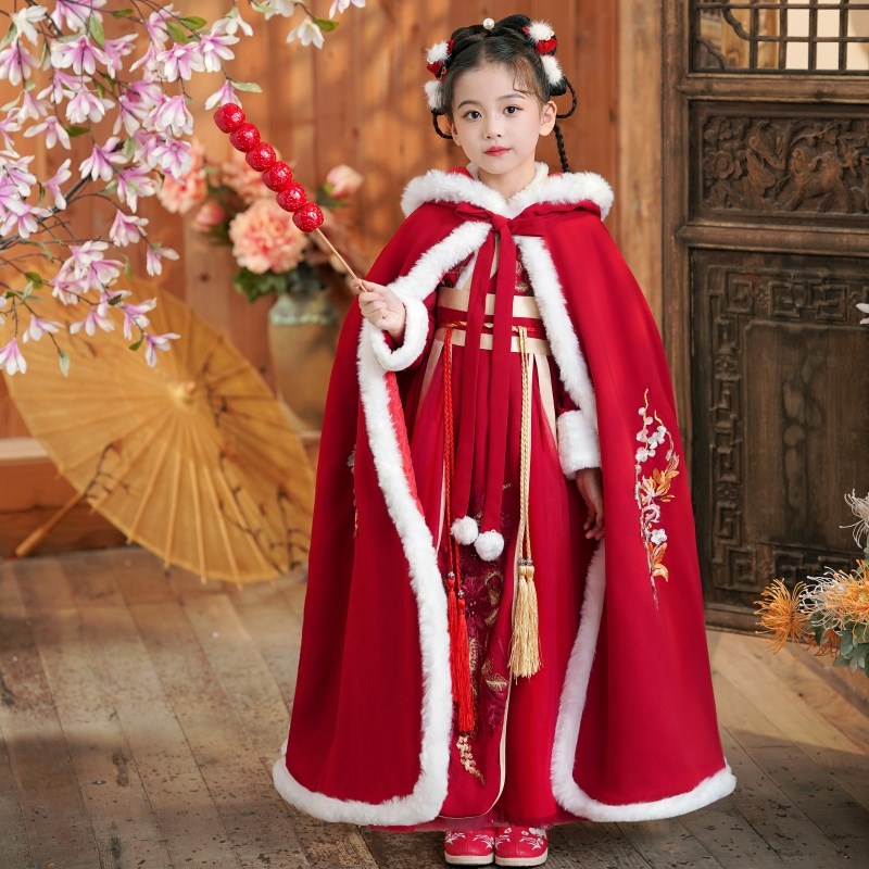 汉服女童冬季裙子2024新款儿童冬装加绒连衣裙秋冬U款公主裙拜年