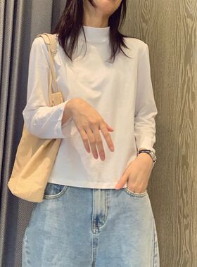白色t恤女中领半高领p打底衫女长袖春秋纯棉修身内搭上衣加绒德绒
