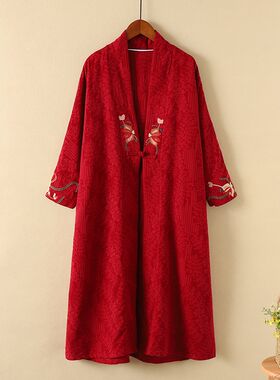 复古中式盘扣风衣女中长款中国风亚麻宽松外P套女春秋季过膝长款
