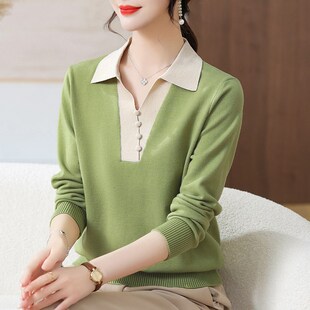 妈妈春装洋气翻领k针织衫上衣2024新款中年女装春秋打底毛衣薄T恤