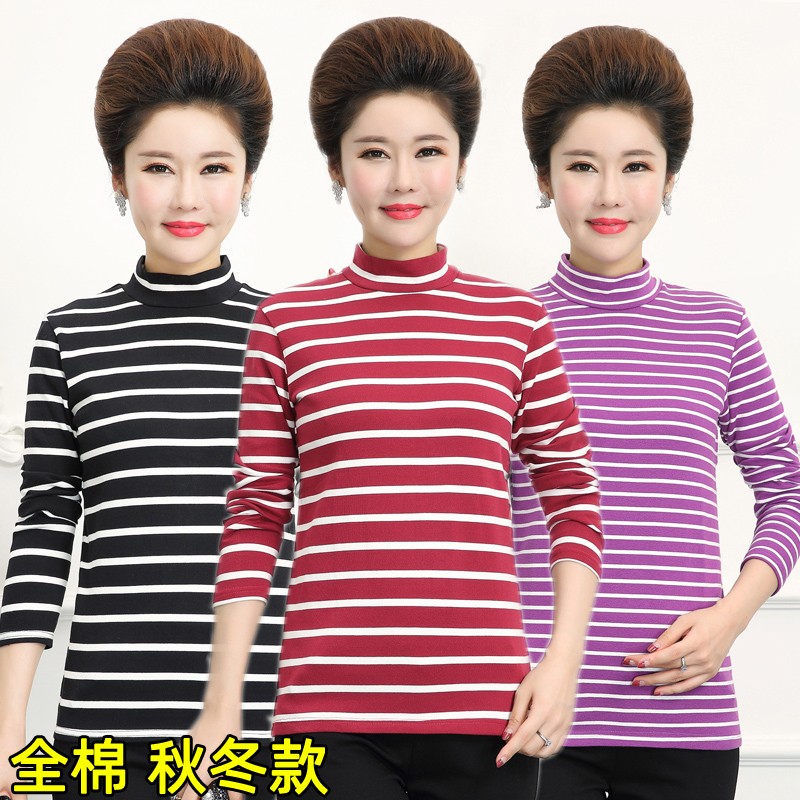中老年人全棉布半高领打底衫女y妈妈装春装纯棉条纹长袖t恤奶奶装