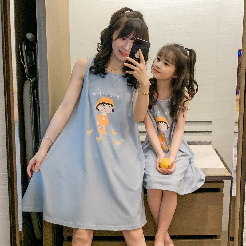 2021睡裙夏季母女装q卡通纯棉背心宽松公主风儿童薄款小女孩家居