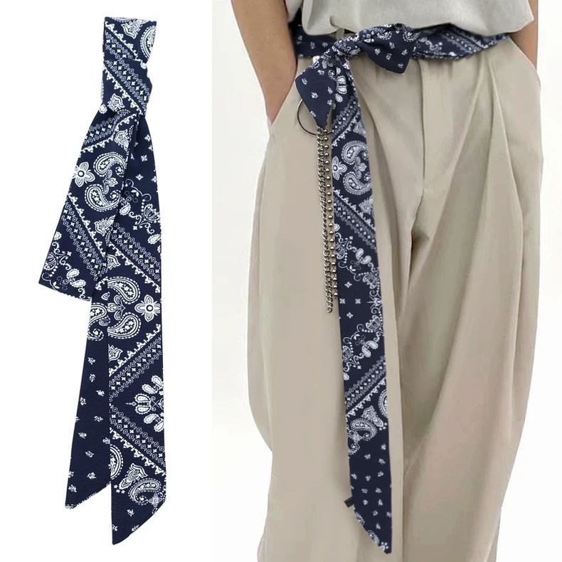 原宿日系休闲复古蓝色腰果花丝巾腰带男女情侣西装腰封飘带百搭潮