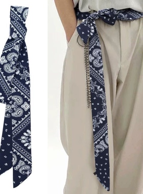 原宿日系休闲复古蓝色腰果花丝巾腰带男女情侣西装腰封飘带百搭潮