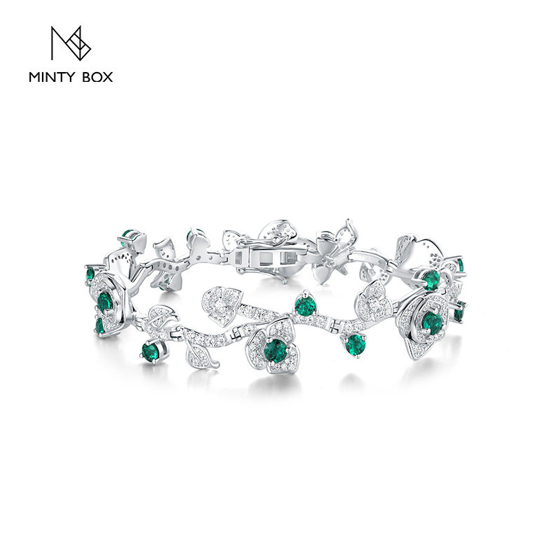 Minty Box925纯银手链镶嵌培育祖母绿手镯女小众设计赞比亚绿宝石
