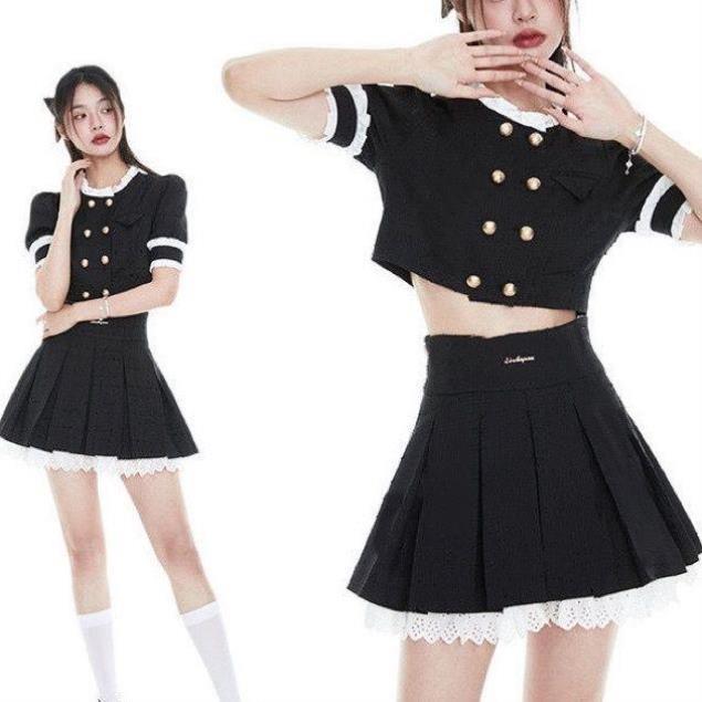 小套装香风制服两件套JK黑色甜辣双排纯欲扣露马术a百褶裙脐女字