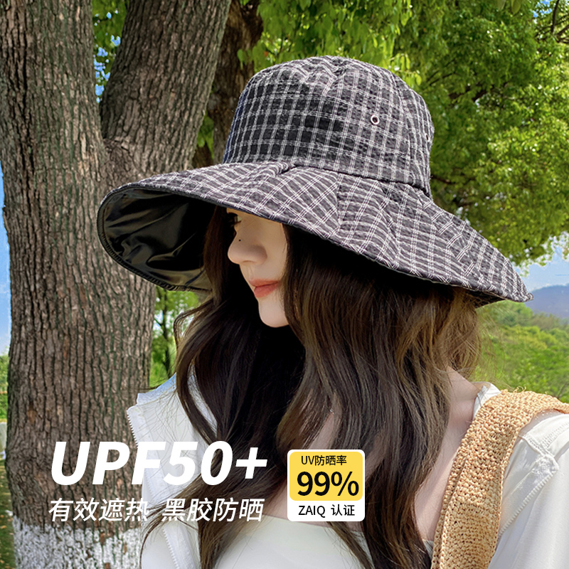 OVANCY日本黑胶防晒帽女2025夏季新款防紫外线大沿遮阳遮脸渔夫帽