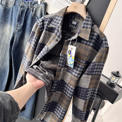 复古vintage风！撞色格纹早春新品男女款宽松磨毛长袖衬衫S00376
