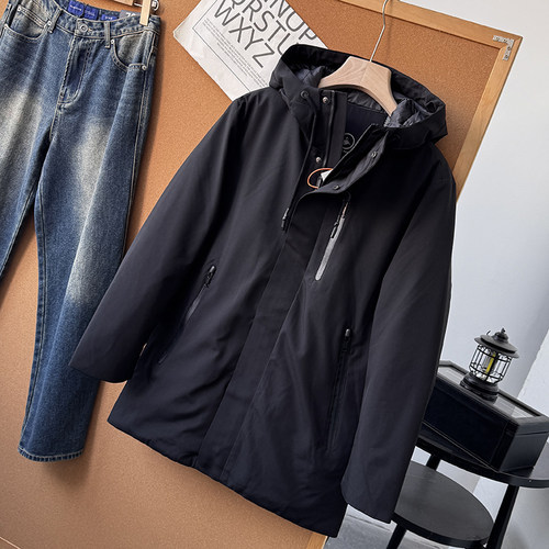 90鸭绒~防风保暖冬季男士休闲中长款连帽羽绒服外套50385