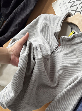 复古加绒男秋冬保暖抗皱运动华夫格肌理半拉链套头卫衣50273