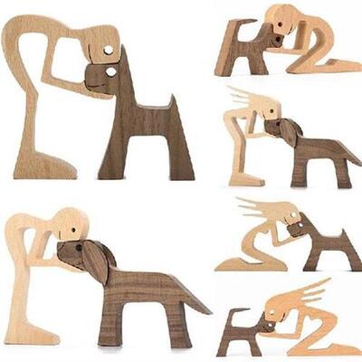 1pair Family Puppy Handmade Wooden Craft Dog Figurine Deskto