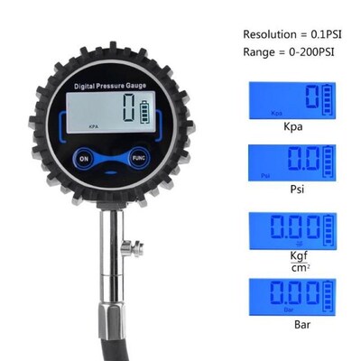 Digital Tire Pressure Gauge 200 PSI Interchangeable Air Chuc