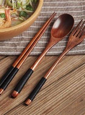 Natural Wood Spoon Chopsticks Tableware Dinner Set Portable