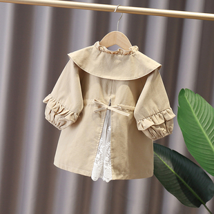 Spring baby girl clothes outfits lace stitch mid-length wind