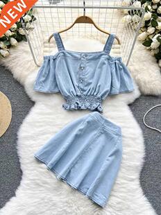 Backless Summer Set SINGREINY Shoulder Women Off Ruche Denim