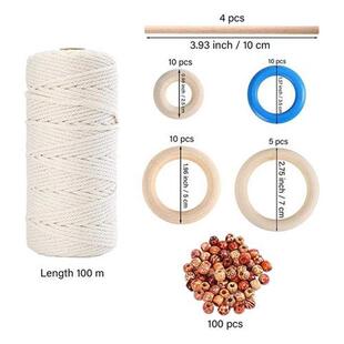 Macrame Cord Kit 3mm Cotton Rope with Wood Beads,Wood Ring a