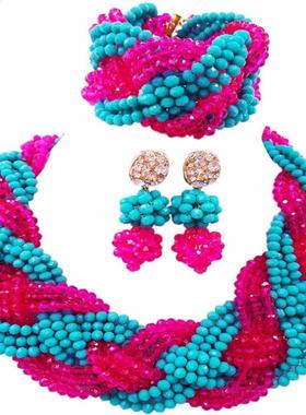 Beautiful Aqua Blue Fuchsia Pink Crystal Beaded Necklaces Co