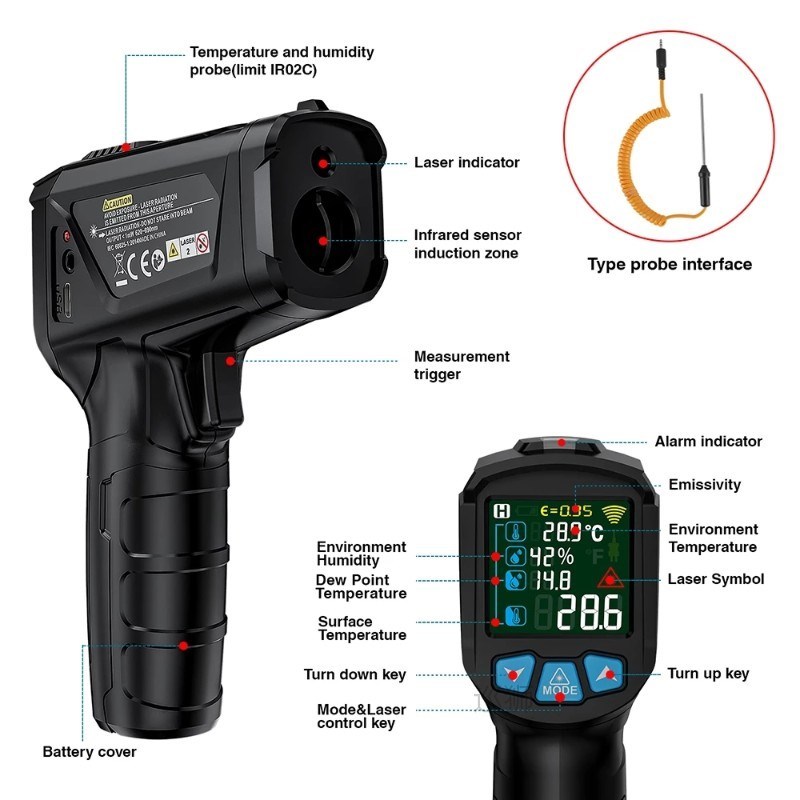 -50-800 Degree Digital Thermometer Humidity Meter Infrared T