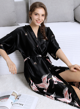 ot Sale Black Summer Satin Kimono Bathrobe Women Bride Bride
