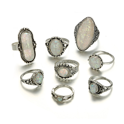 Tocona Vintage Antique Silver Color Rings Sets Colorful Opal