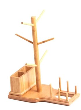 6Hooks Cup Holder Tea Set Storage Set Wood Shelf Kitchen Sto