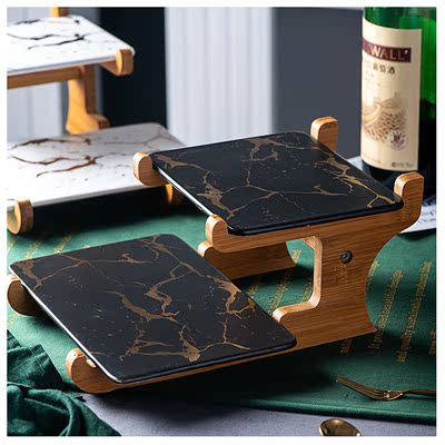 Nordic Multicolor Wooden Bottom Marble Ceramic Double Tray