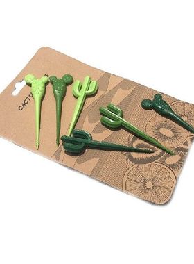 6pcs Plastic Dessert Stick Green Cactus Fruit Forks