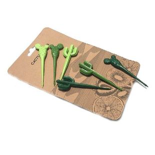 6pcs Plastic Dessert Stick Green Cactus Fruit Forks