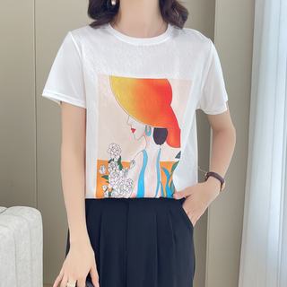 1000夏季丝滑缎面显瘦女半袖T恤洋气AB拼接短袖时尚圆领