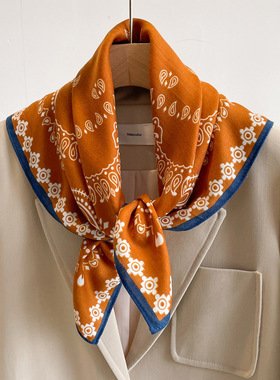 橙色腰果花棉麻发带丝巾70小方巾女薄款围巾领巾亚麻头巾百搭衬衫