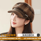 秋冬新款 彩色格子八角帽女韩国文艺减龄贝雷帽英伦复古毛呢报童帽