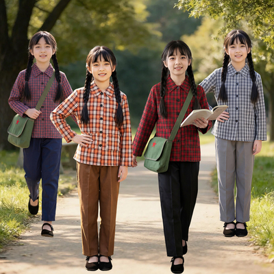 七八十年代格子衫女知青学生工人女怀旧翻领长袖小品段子演出服装