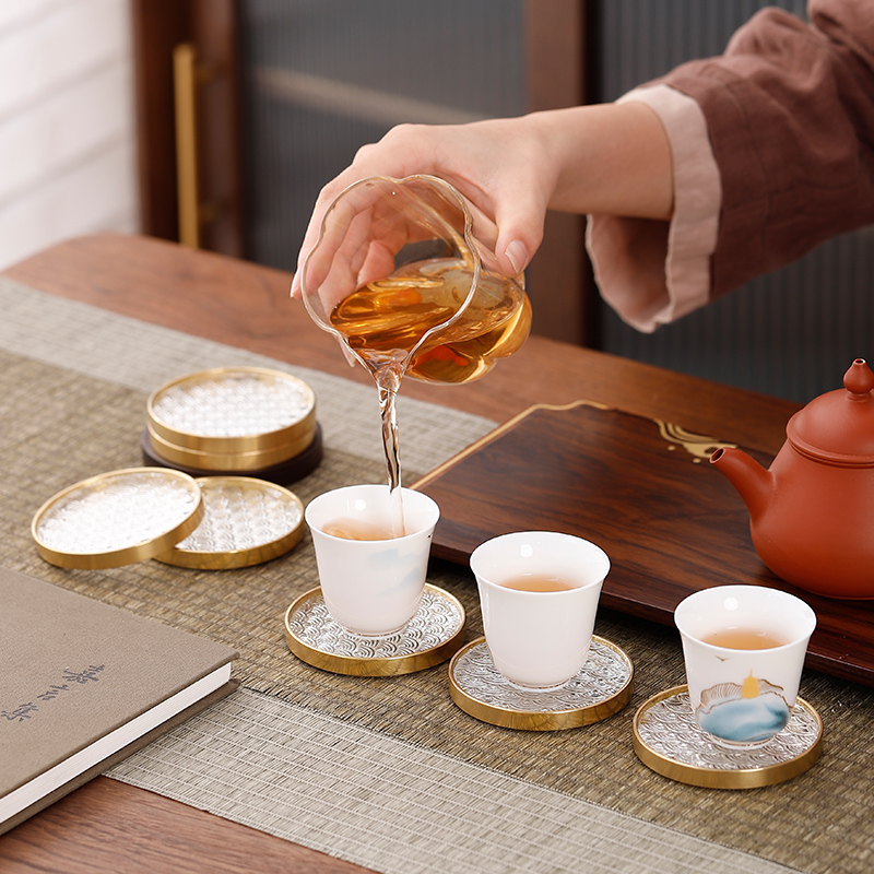 海浪玻璃茶杯垫纯铜框茶桌隔热垫