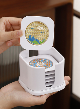 中式电木茶杯垫珐琅彩隔热茶托白色方形防滑垫家用茶室功夫茶配件