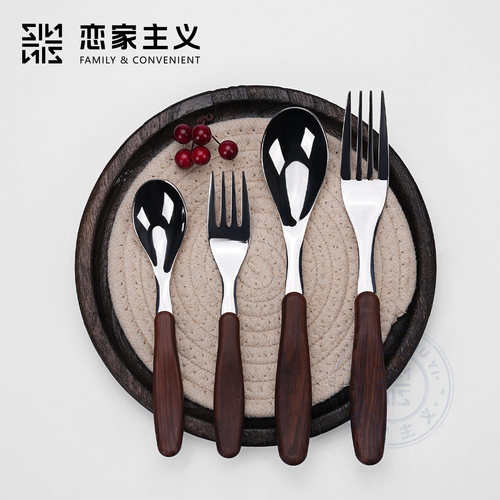 恋家主义仿木纹不锈钢餐勺小勺子高档精致刀叉子家用高颜值孩子